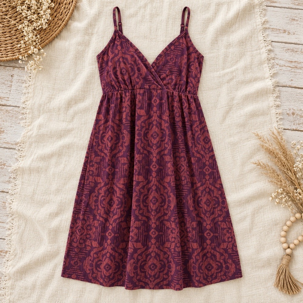 Sonoma Everyday Dress Womens M Purple Damask Surplice Cotton Modal Boho